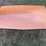 Vintage coffee table in light beech, rectangular top 120 x 50 cm, tapered legs.