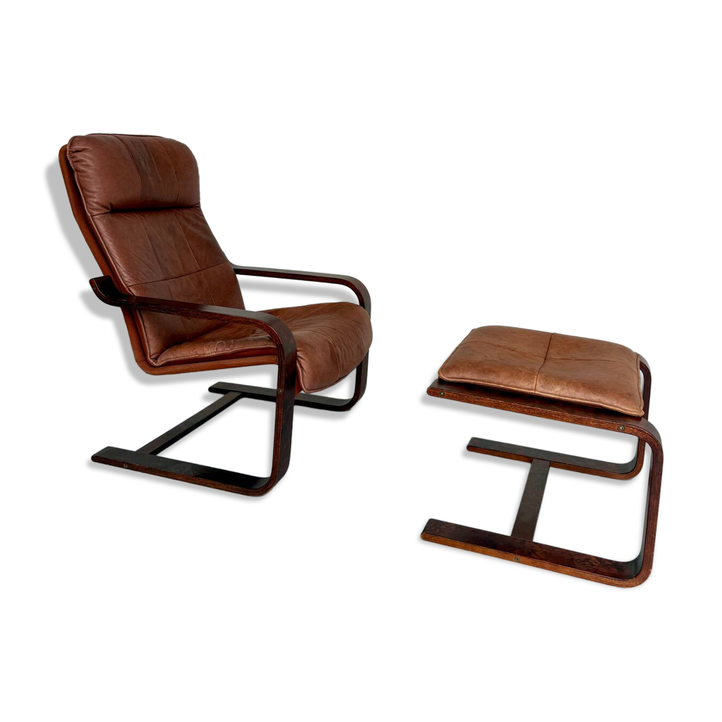 Yngve Ekström 70 Scandinavian design armchair with leather and wood ottoman