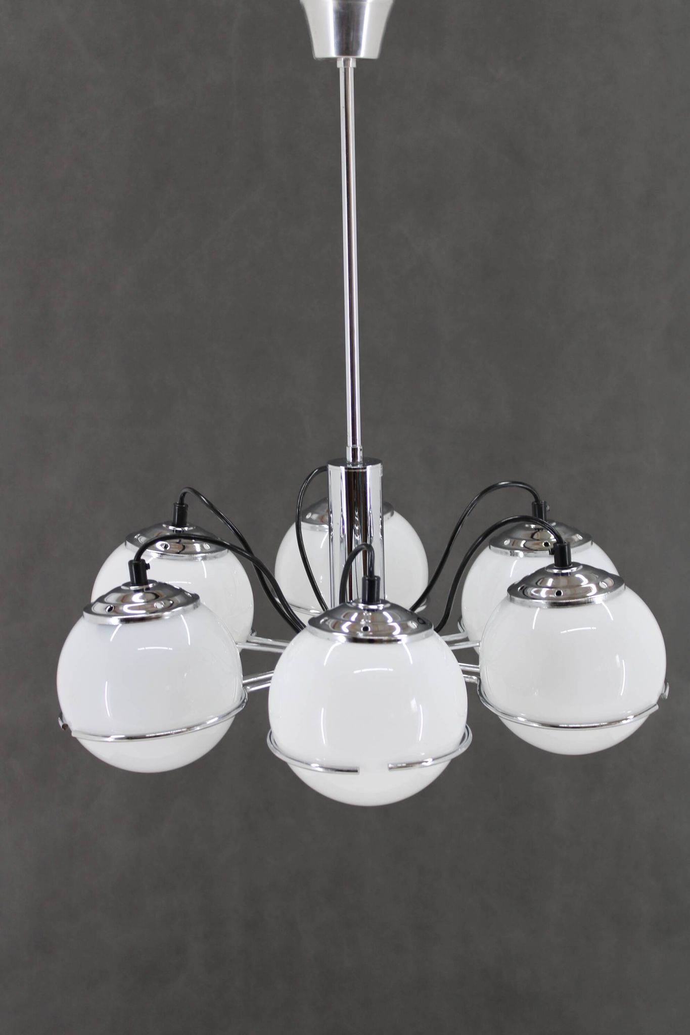1970s Targetti Sankey Italian Chrome and Opaline Glass Chandelier