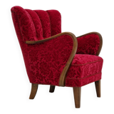 Années 1960, design danois, fauteuil en tissu rouge cerise, très bon état d’origine.