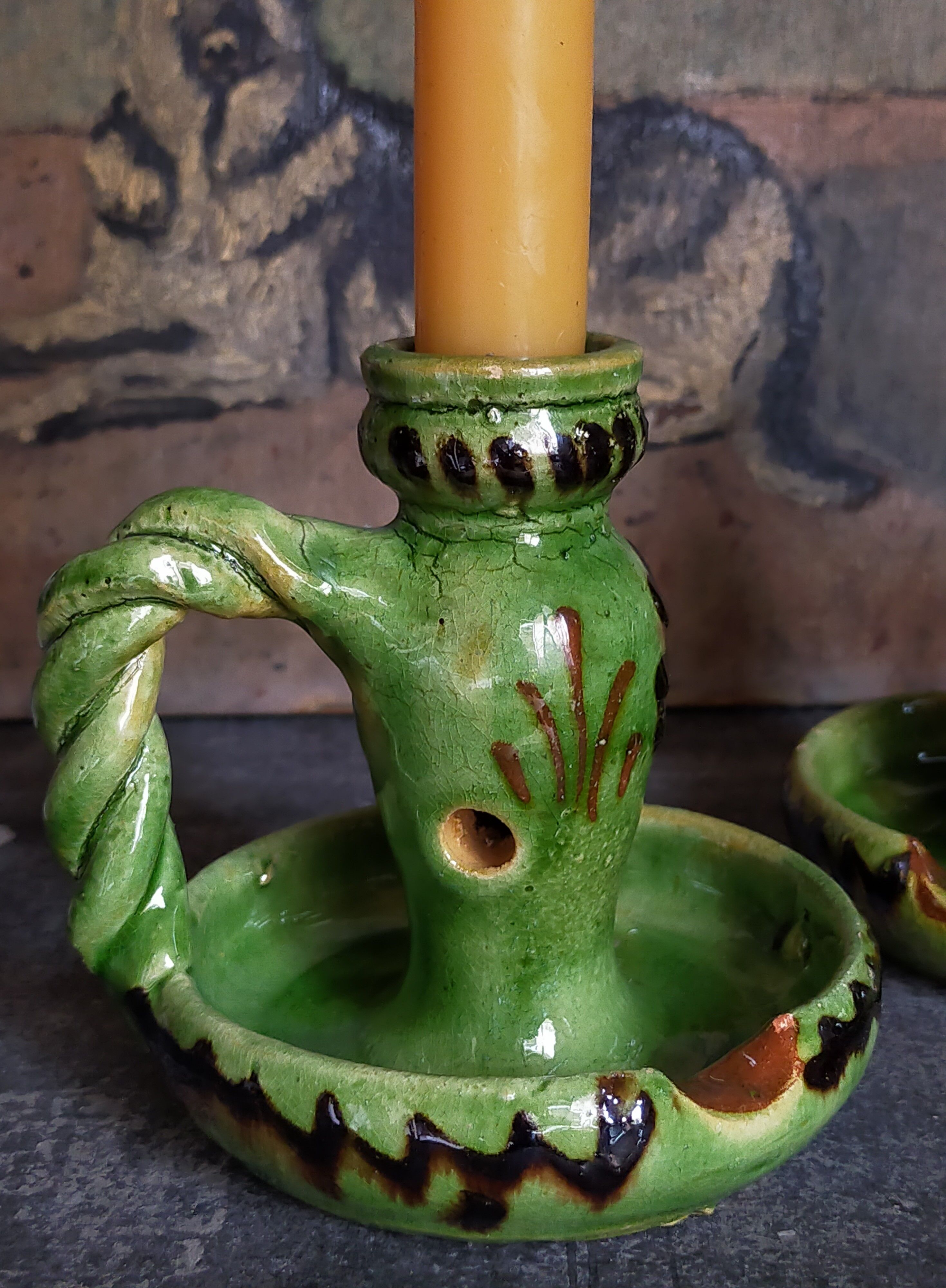 Duo of vintage potter's ceramic candle holders Regional Folk Art