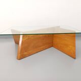Vintage rectangular coffee table in solid elm and glass from the 80s