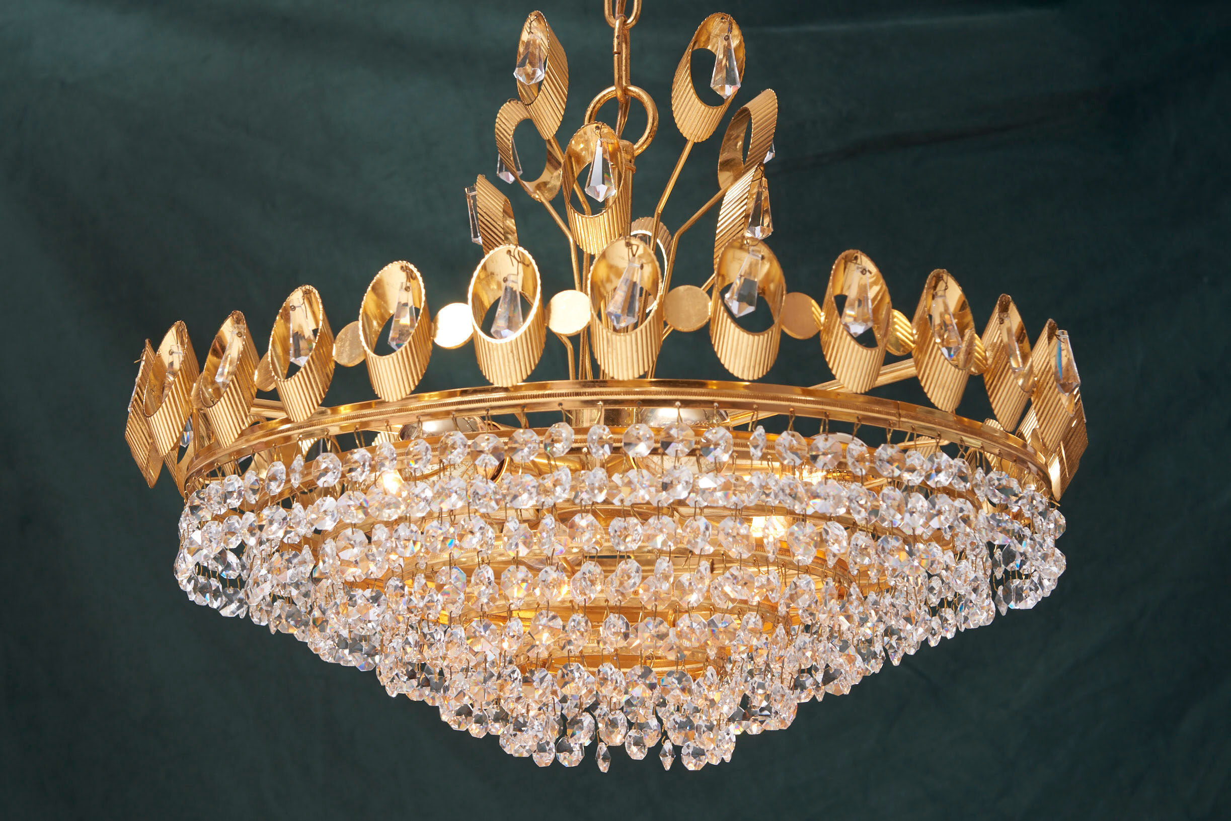 Hollywood Regency style brass and crystal chandelier by Palwa