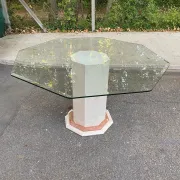 Octagonal dining table, vintage 1980s design in marble and glass.