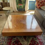 Table basse vintage carrée loupe d'orme circa 1970