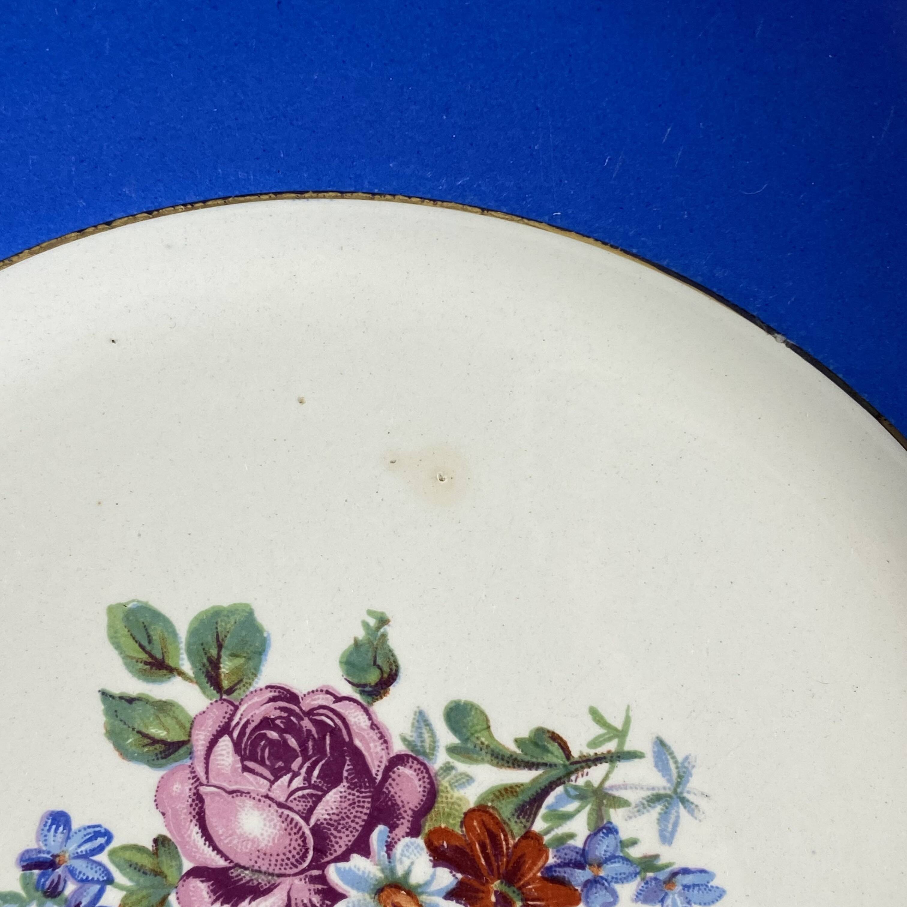 6 blue antique earthenware plates with flowers and gilding from Saint Amand Hamage.