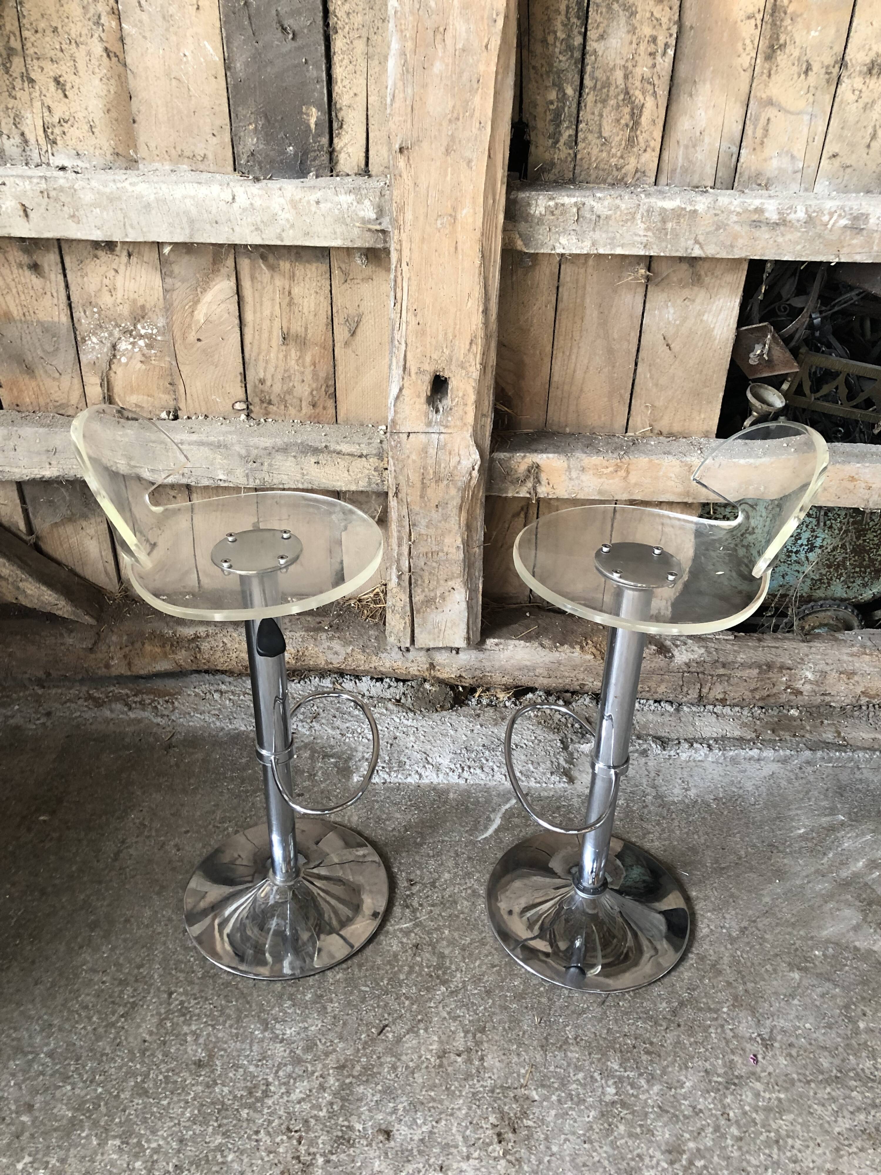 Pair Stool Foot Bar Tulip Metal Chrome + Seat Plexi Transparent Vintage