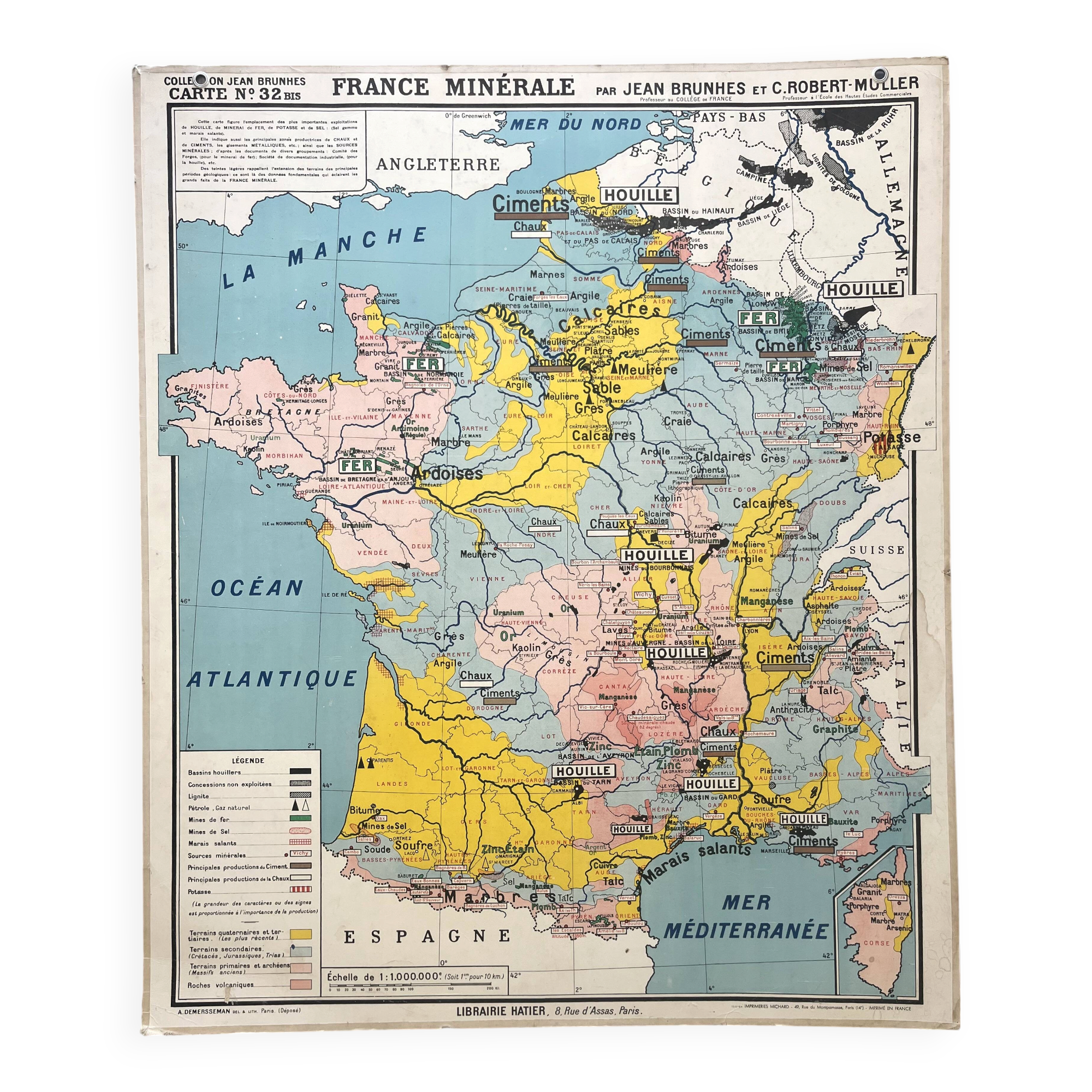 Old school map Hatier Brunhes 32, 1940 - Mineral France