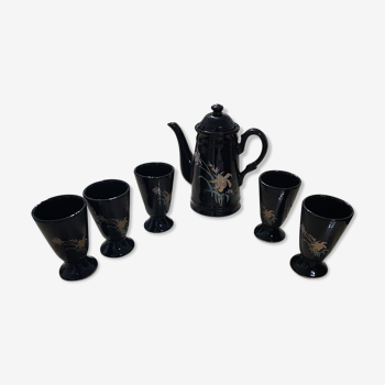 Coffee maker and 5 mazagrans in black enamelled ceramic with Japanese floral decoration