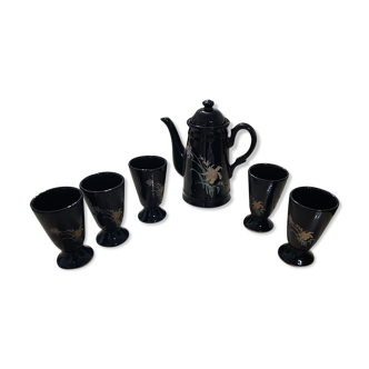 Coffee maker and 5 mazagrans in black enamelled ceramic with Japanese floral decoration