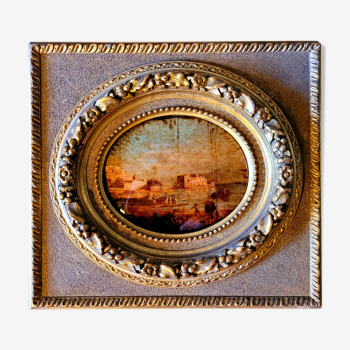 Old painting fixed under nineteenth century glass and vintage gilded frame