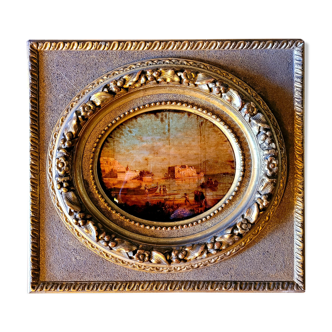 Old painting fixed under nineteenth century glass and vintage gilded frame