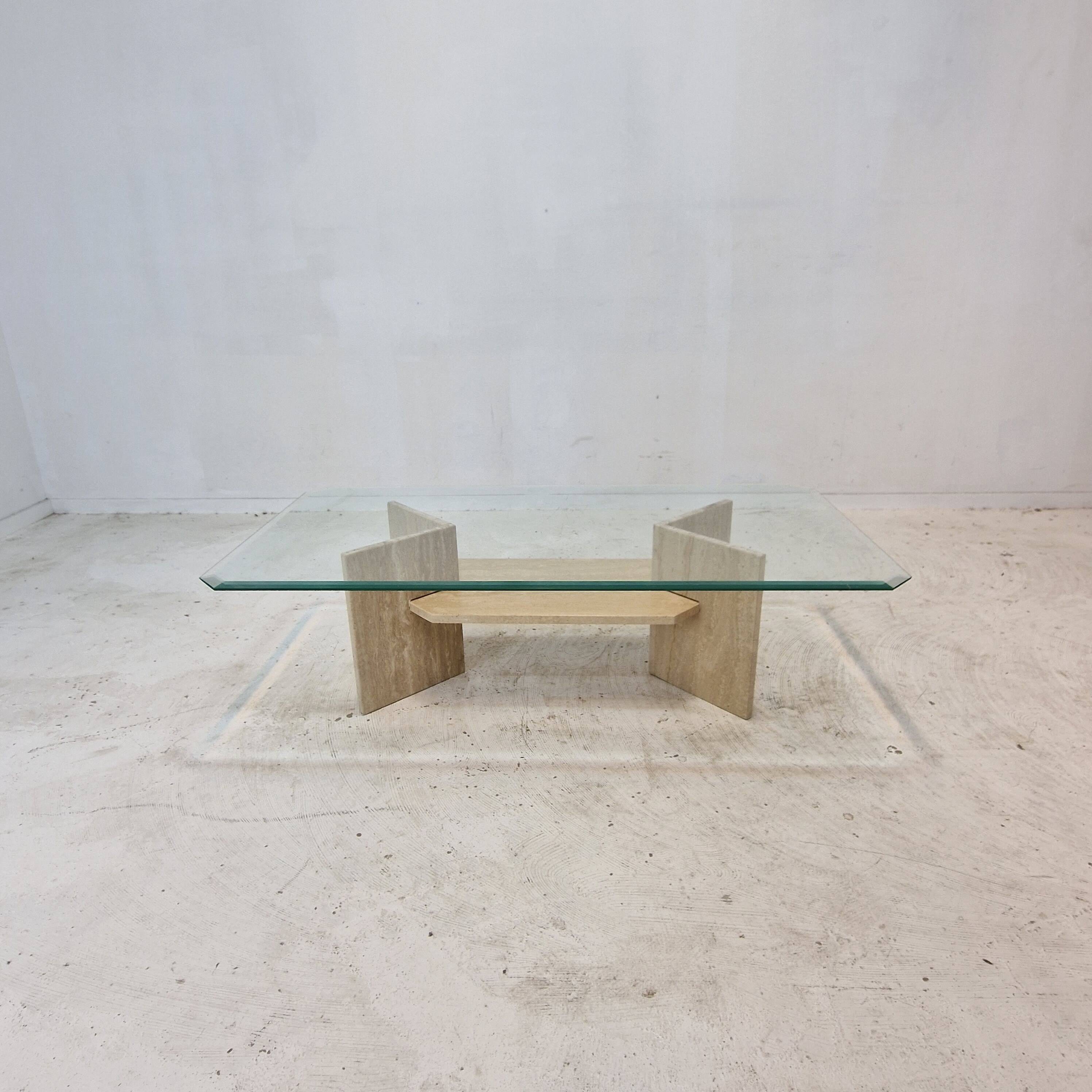 Italian Coffee Table in Travertine and Facet Cut Glass, 1980s