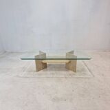 Italian Coffee Table in Travertine and Facet Cut Glass, 1980s