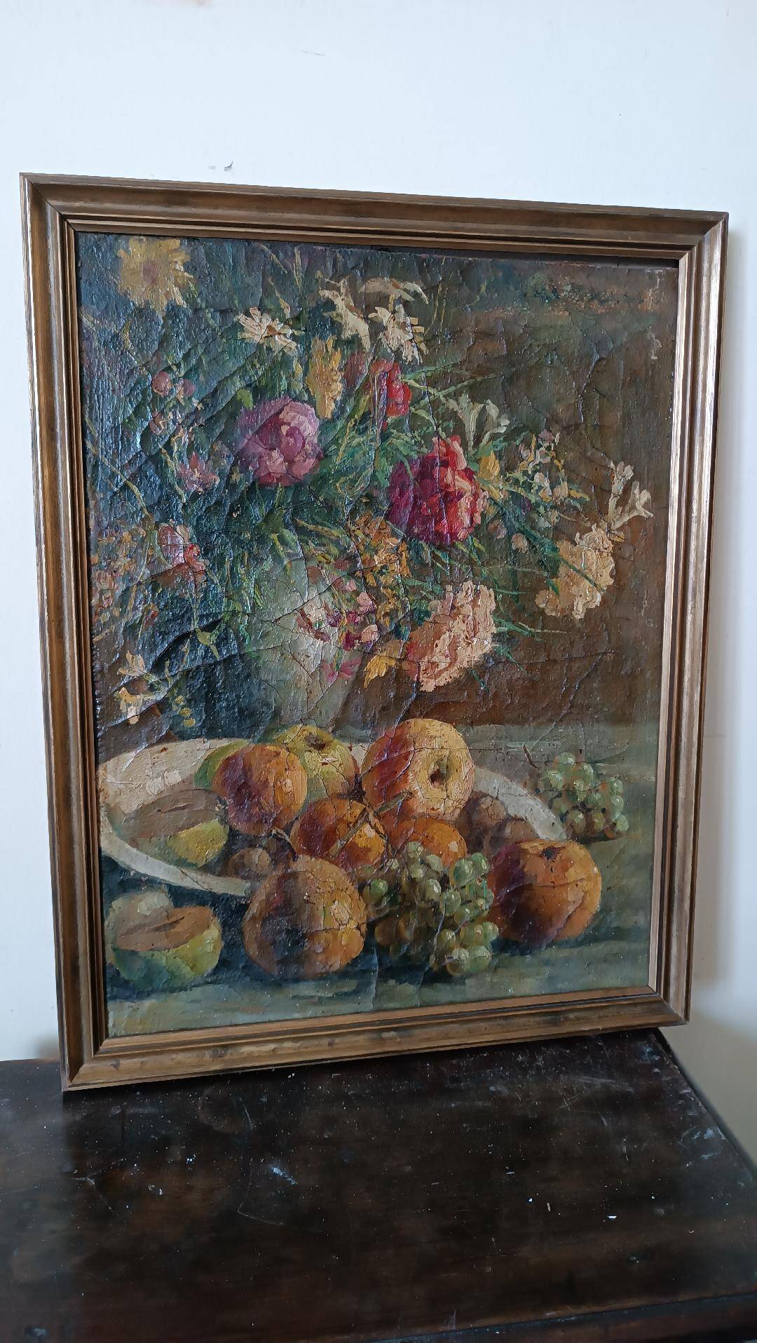 19th century oil painting on canvas fruit vase with flowers