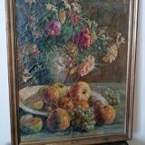 19th century oil painting on canvas fruit vase with flowers