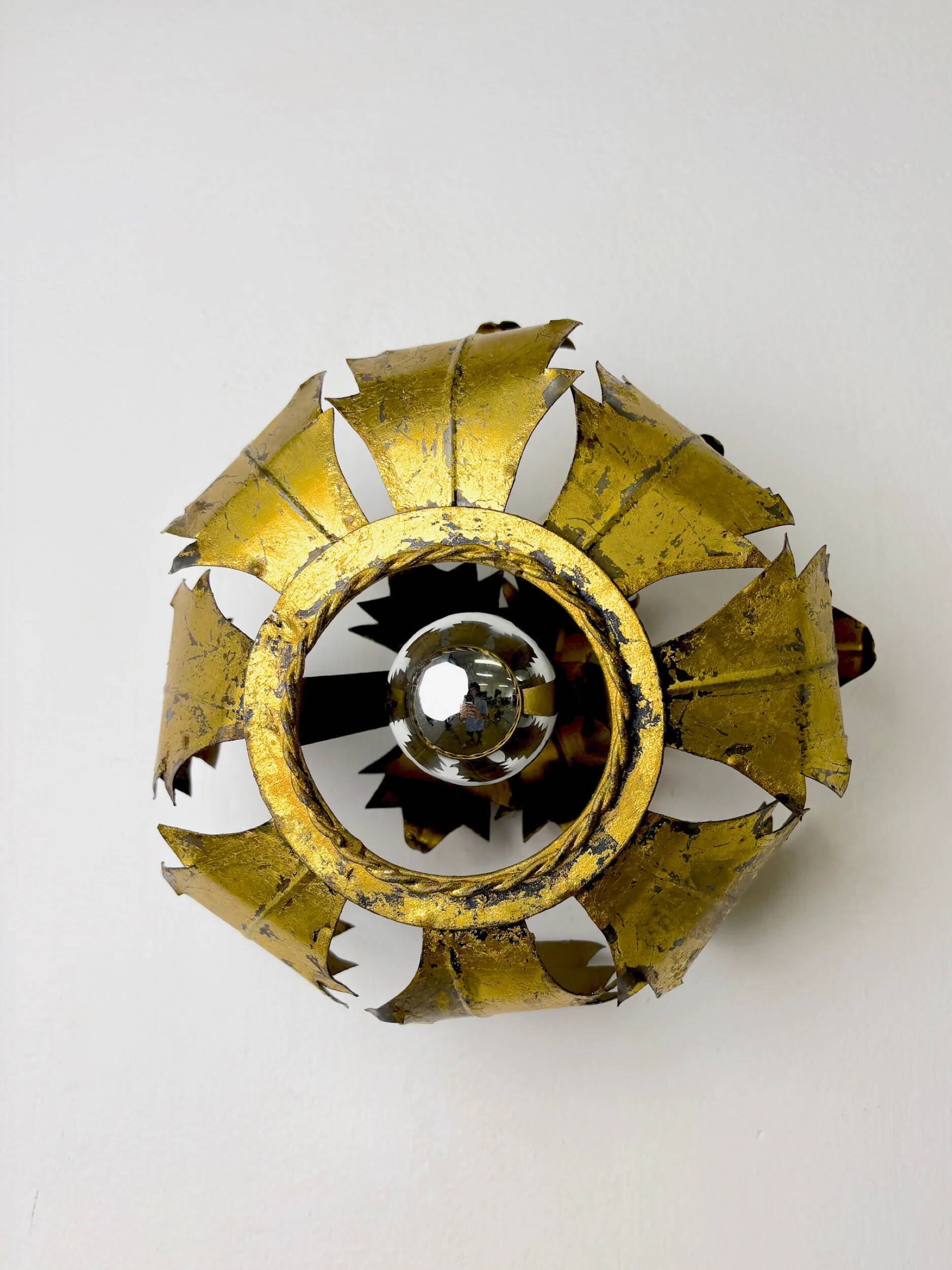 Spanish sunburst ceiling light fixture or sconce in gilt iron, 1970s