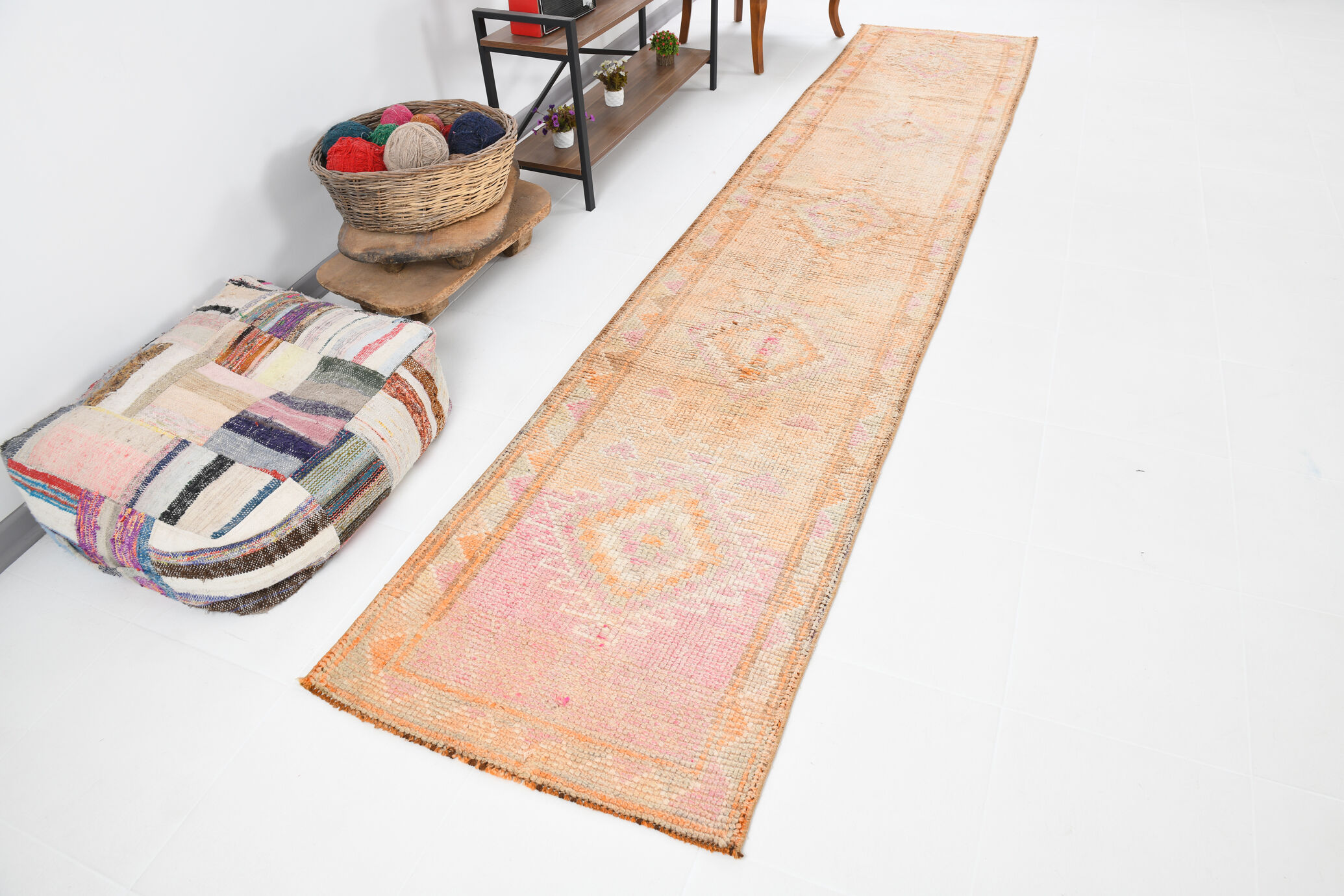 3x13 pale pink & orange turkish runner rug 82x403cm