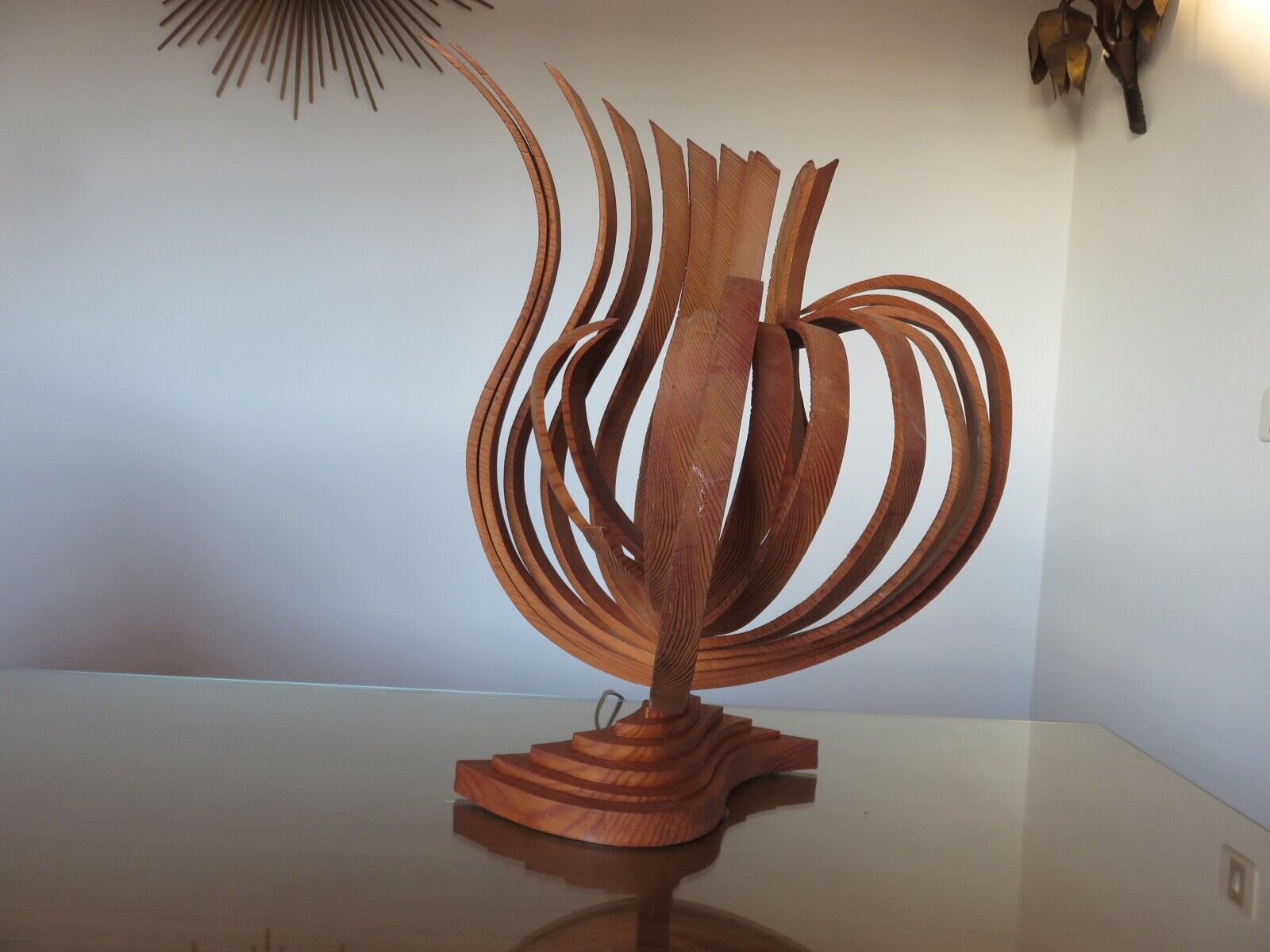 Large Scandinavian arched wooden lamp 60s 70s