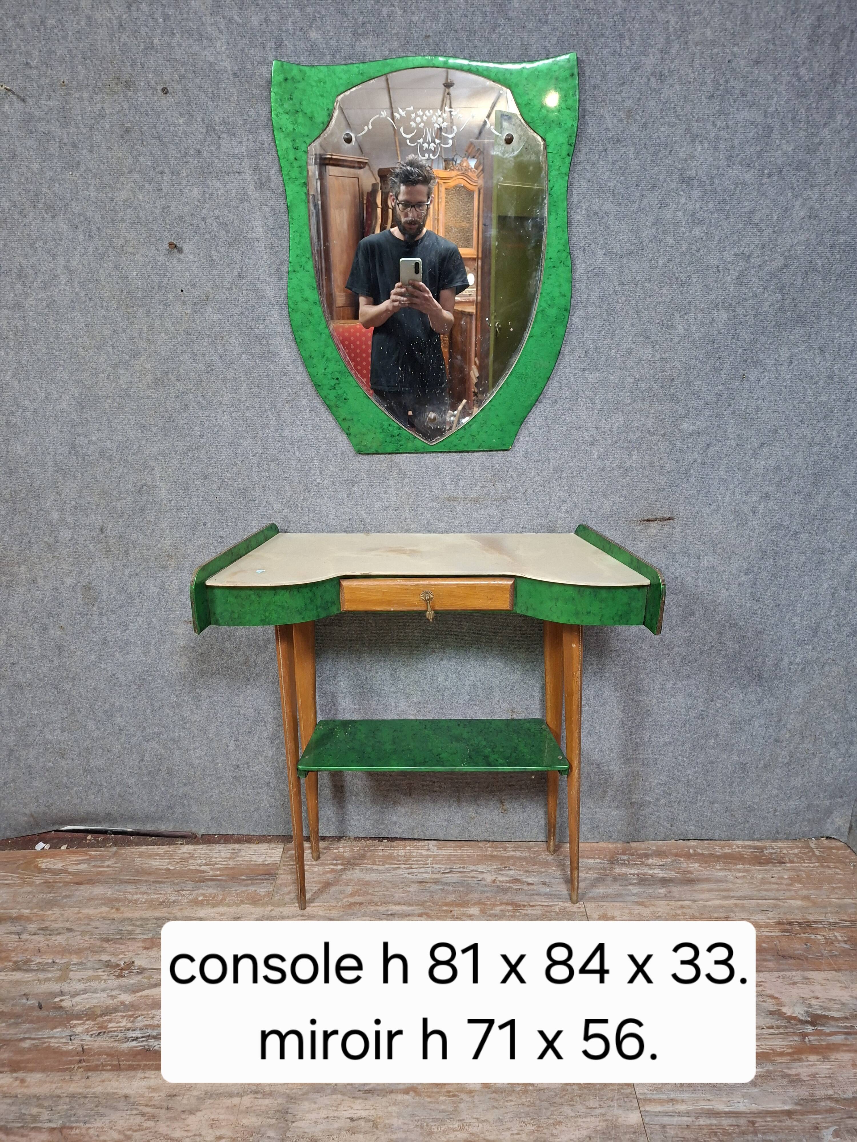 Art Deco console and mirror in green lacquered wood – Circa 1930