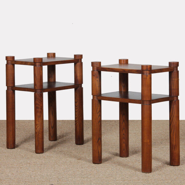 Pair of bedside tables/side tables in solid elm, 1950-60.