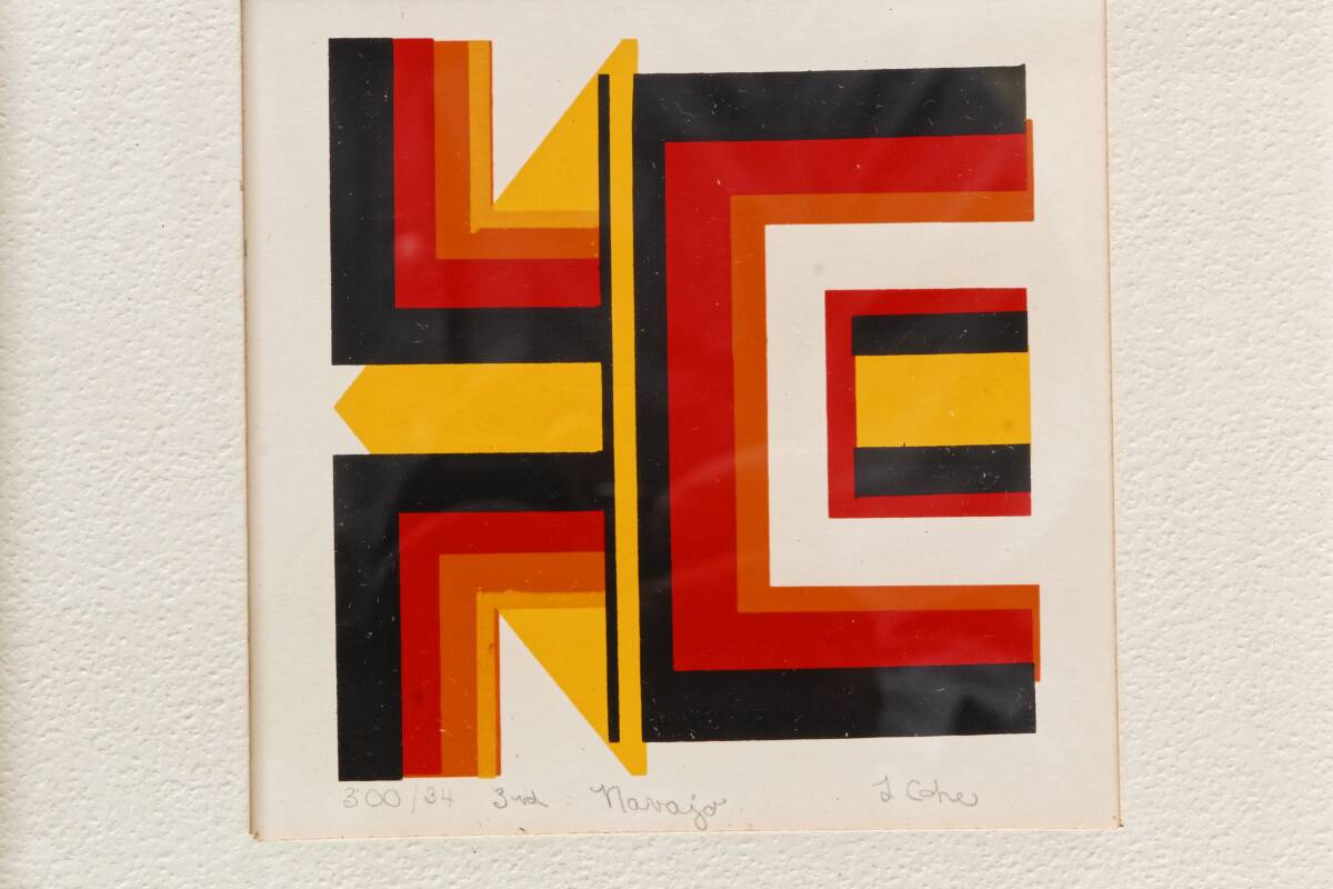 Set of two abstract screen prints, signed L Cohe.