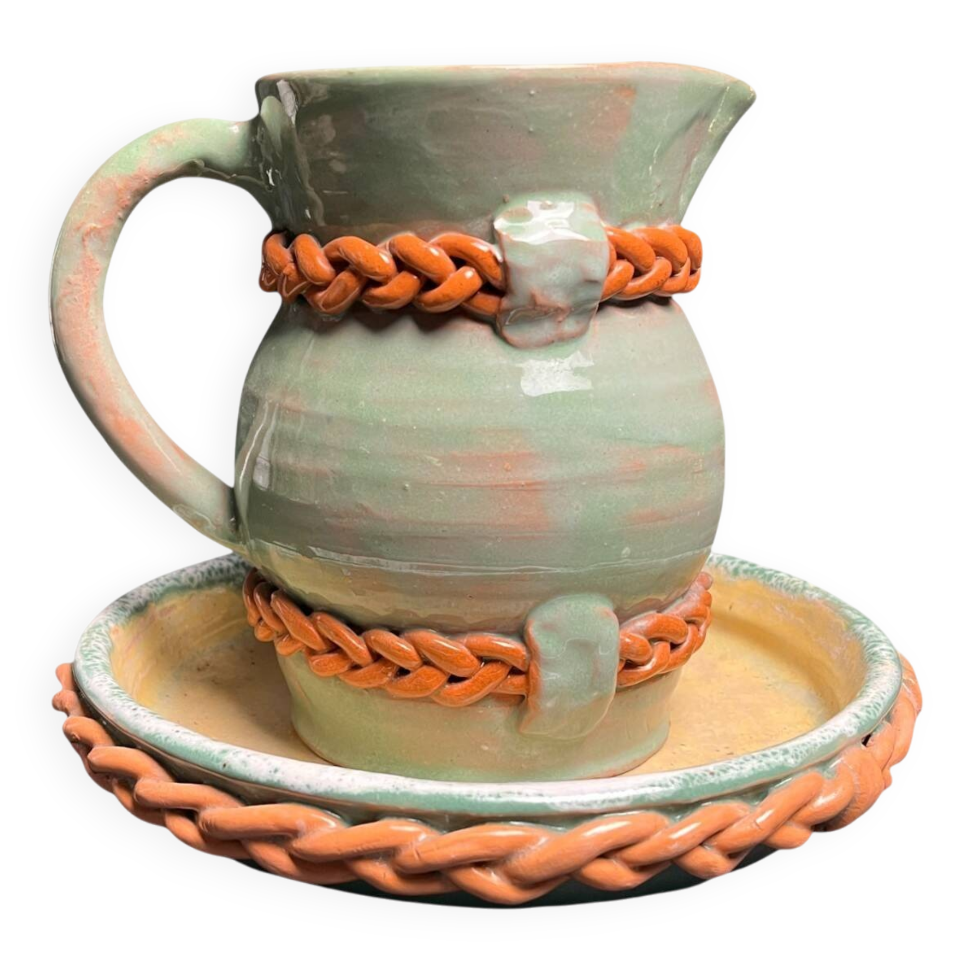 Vintage set of pitcher and saucer, Puisaye stoneware, 20th century