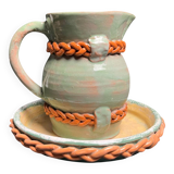 Vintage set of pitcher and saucer, Puisaye stoneware, 20th century