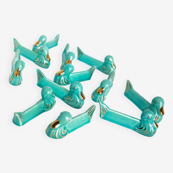 Set of 12 turquoise blue and gold duck knife holders mid-20th century