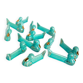 Lot de 12 porte-couteaux canards bleu turquoise et dorés milieu 20e