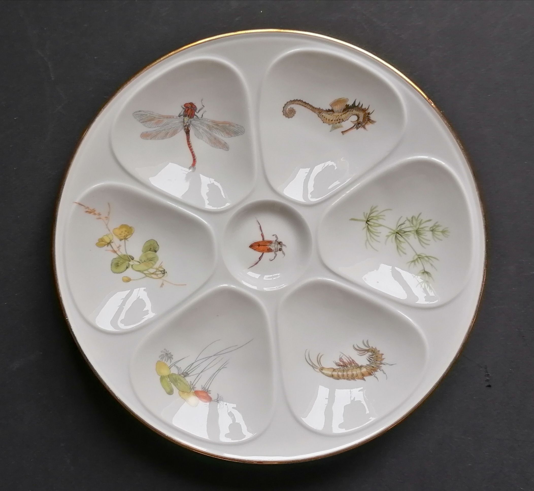 6 oyster plates fine porcelain Lourioux Foëcy
