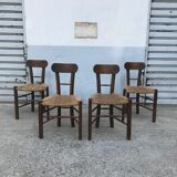 Set de 4 chaises brutalistes bois et corde, art populaire