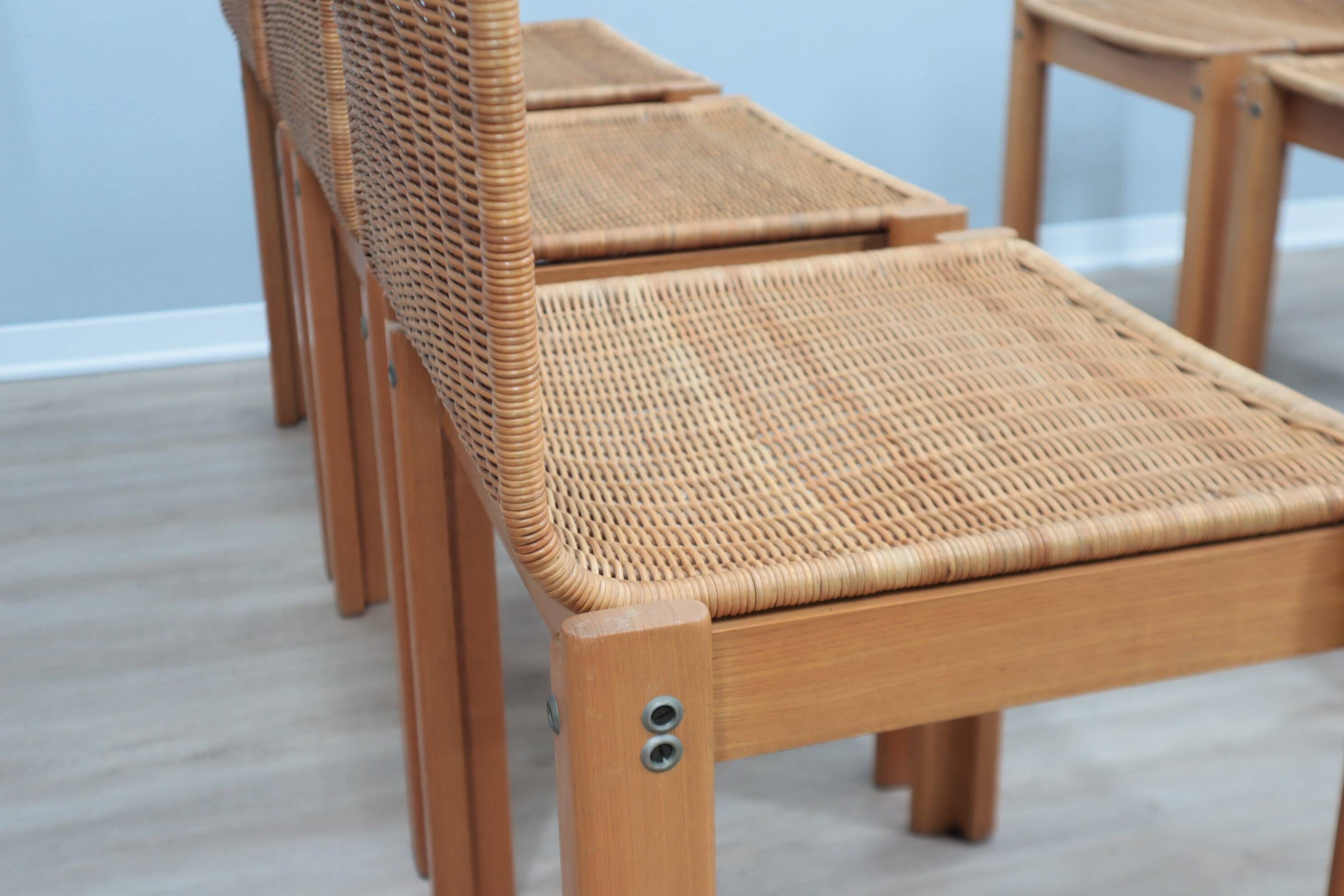 Chaises courbées en osier et bois années 1970, lot de 6
