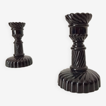 Pair of vintage 60s candlesticks in black opaline