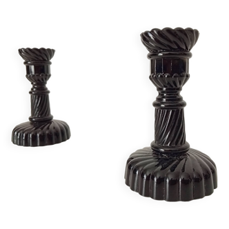 Pair of vintage 60s candlesticks in black opaline