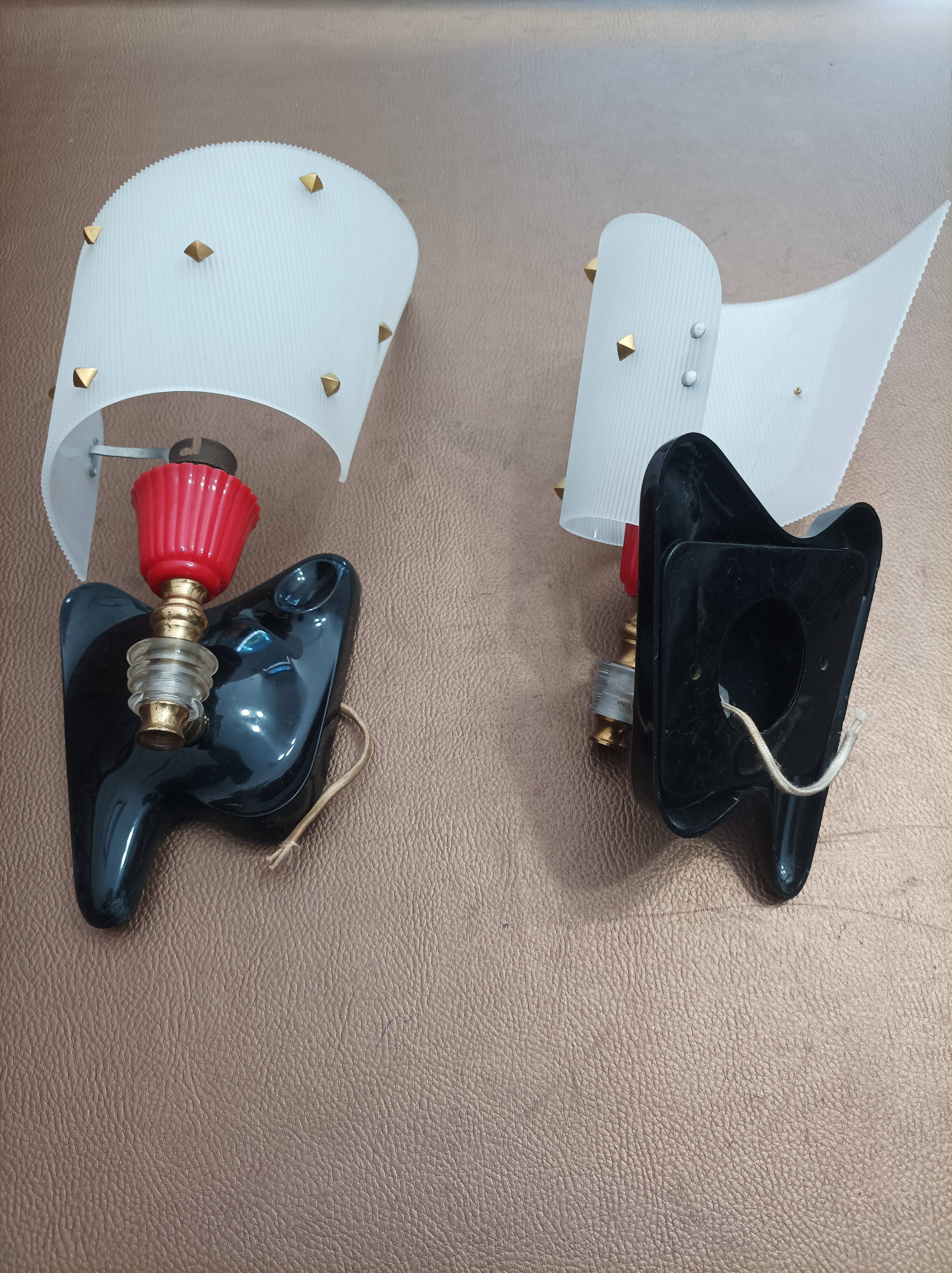 Pair of vintage wall lights Rockabilly 1950s brass, black and red Set of Two