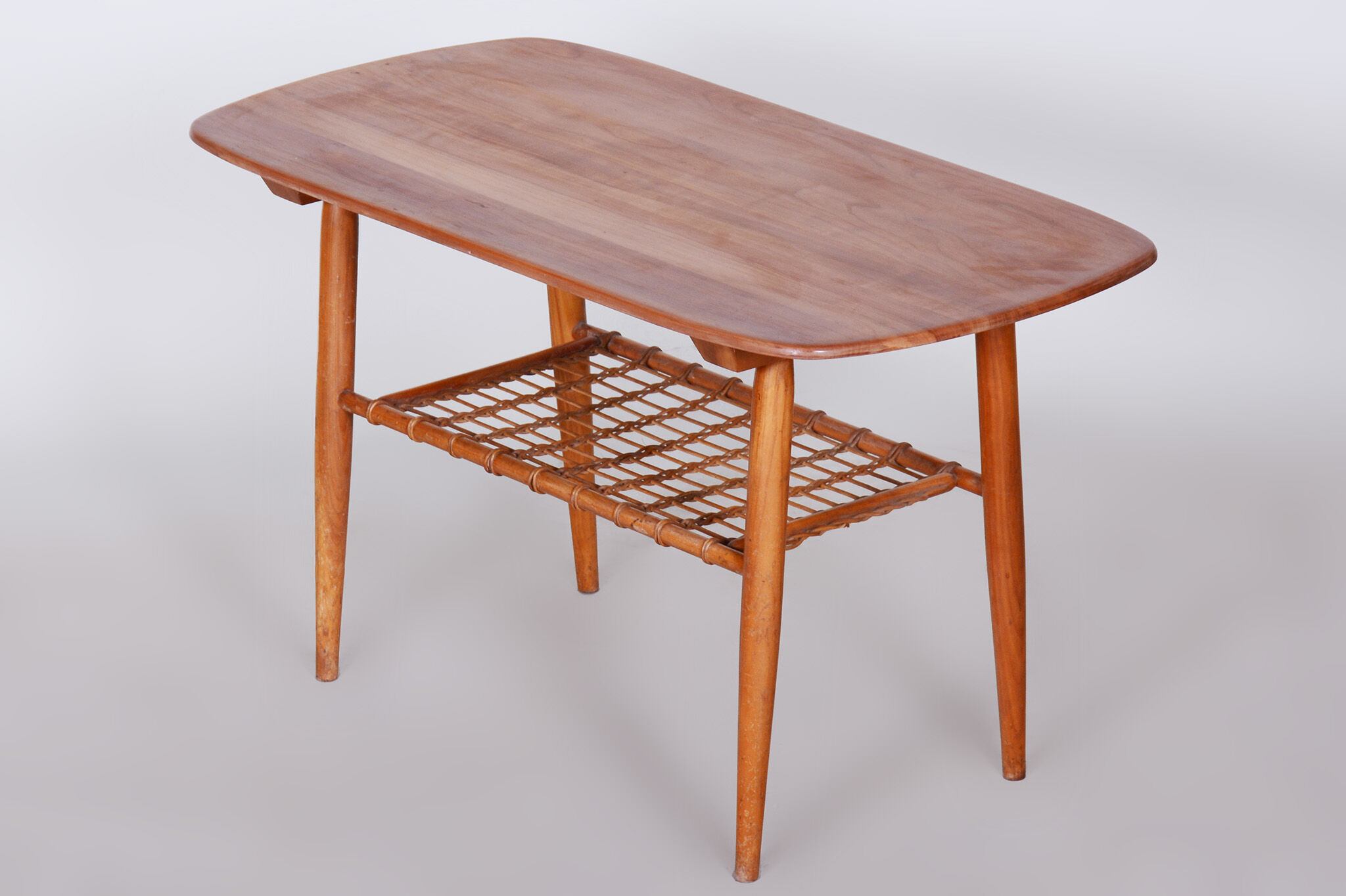 Restored Mid-Century Style Coffee Table, Cherry-Tree, Rattan, 1950s, Czechia