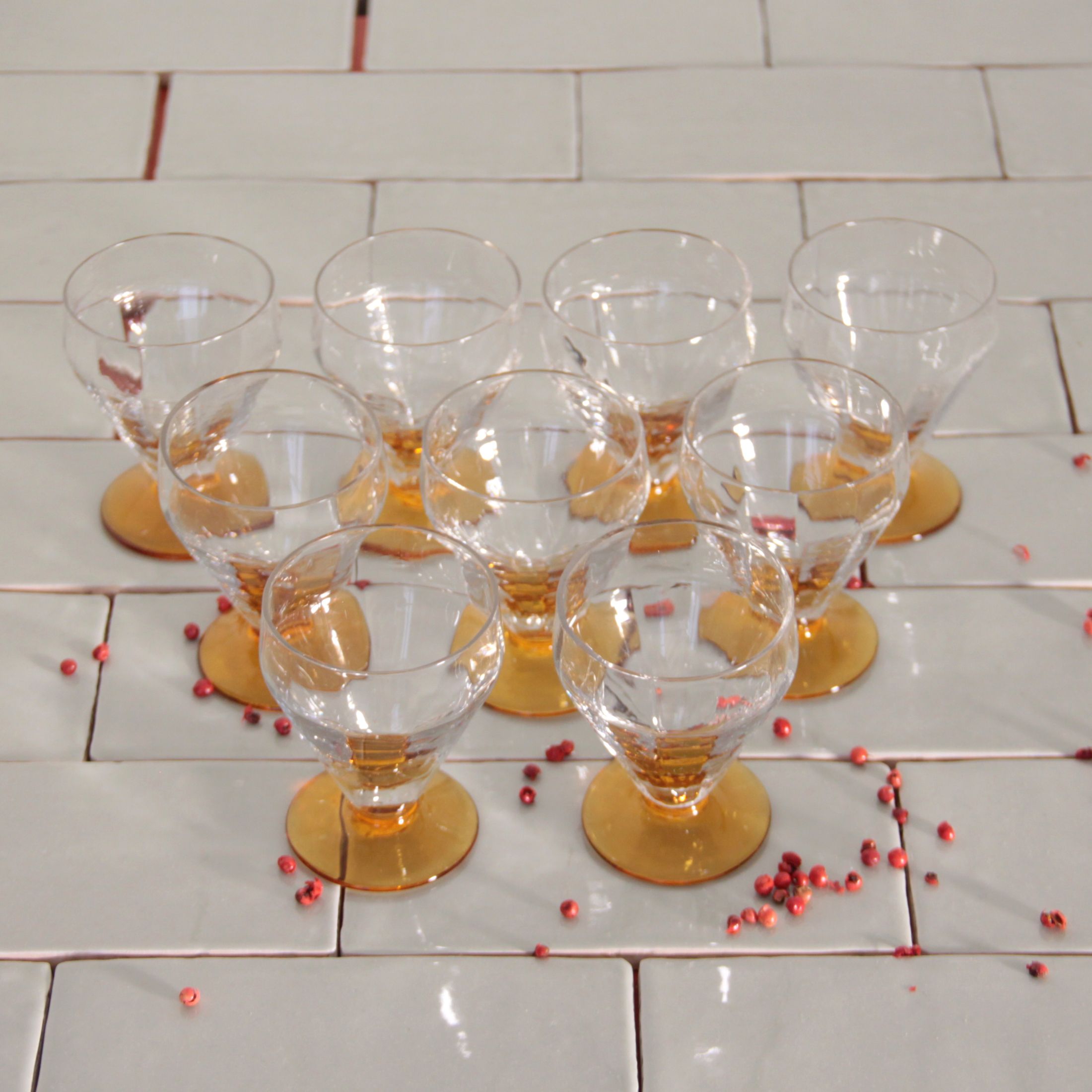 Set of 9 antique art deco wine glasses vintage amber foot