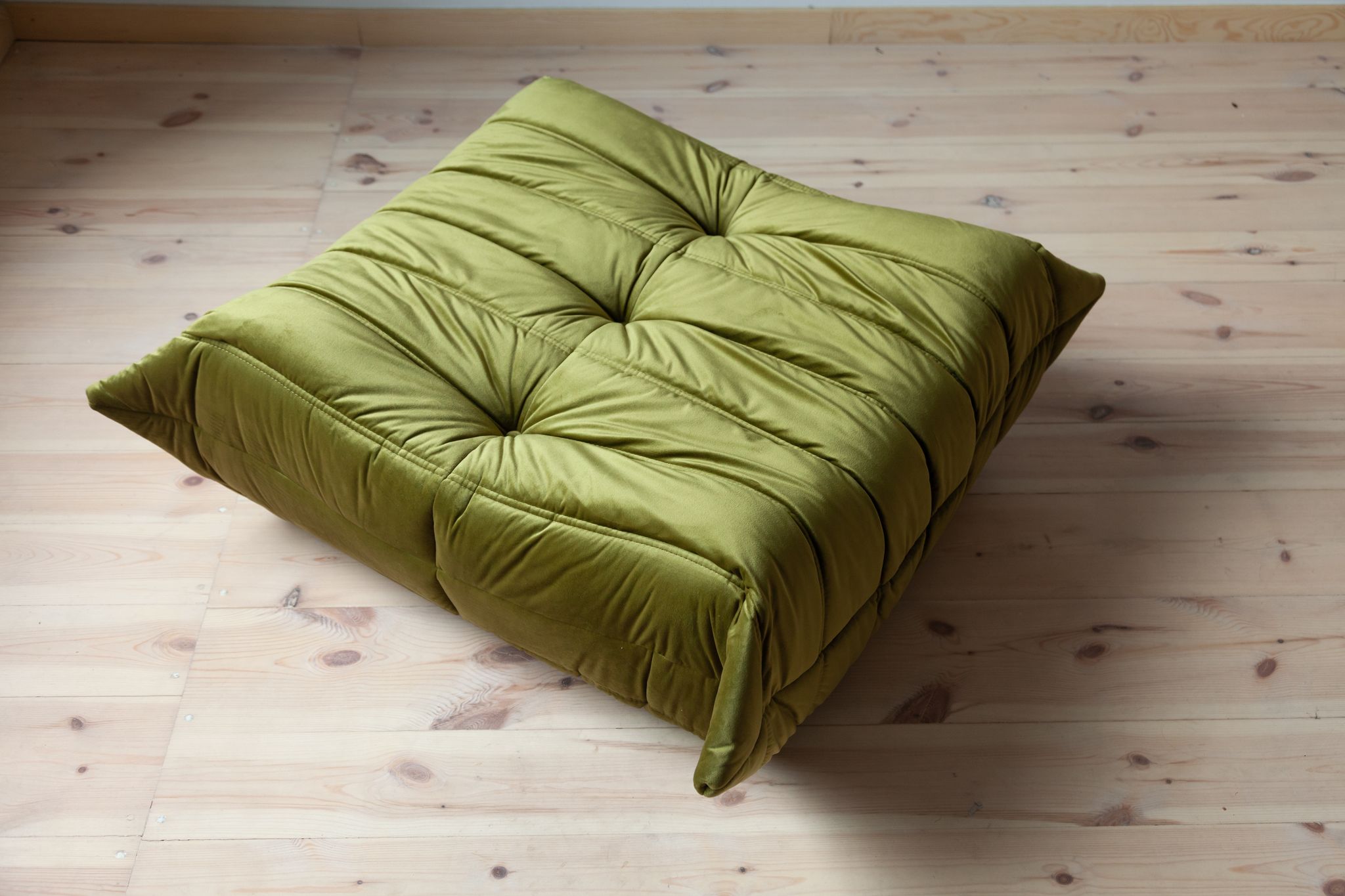 Armchair and pouffe Togo in green olive velvet model designed by Michel Ducaroy 1973