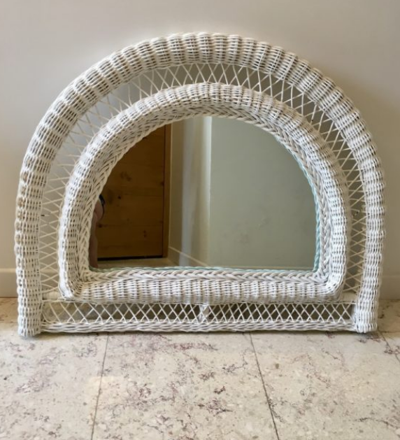 Vintage rattan mirror half moon white
