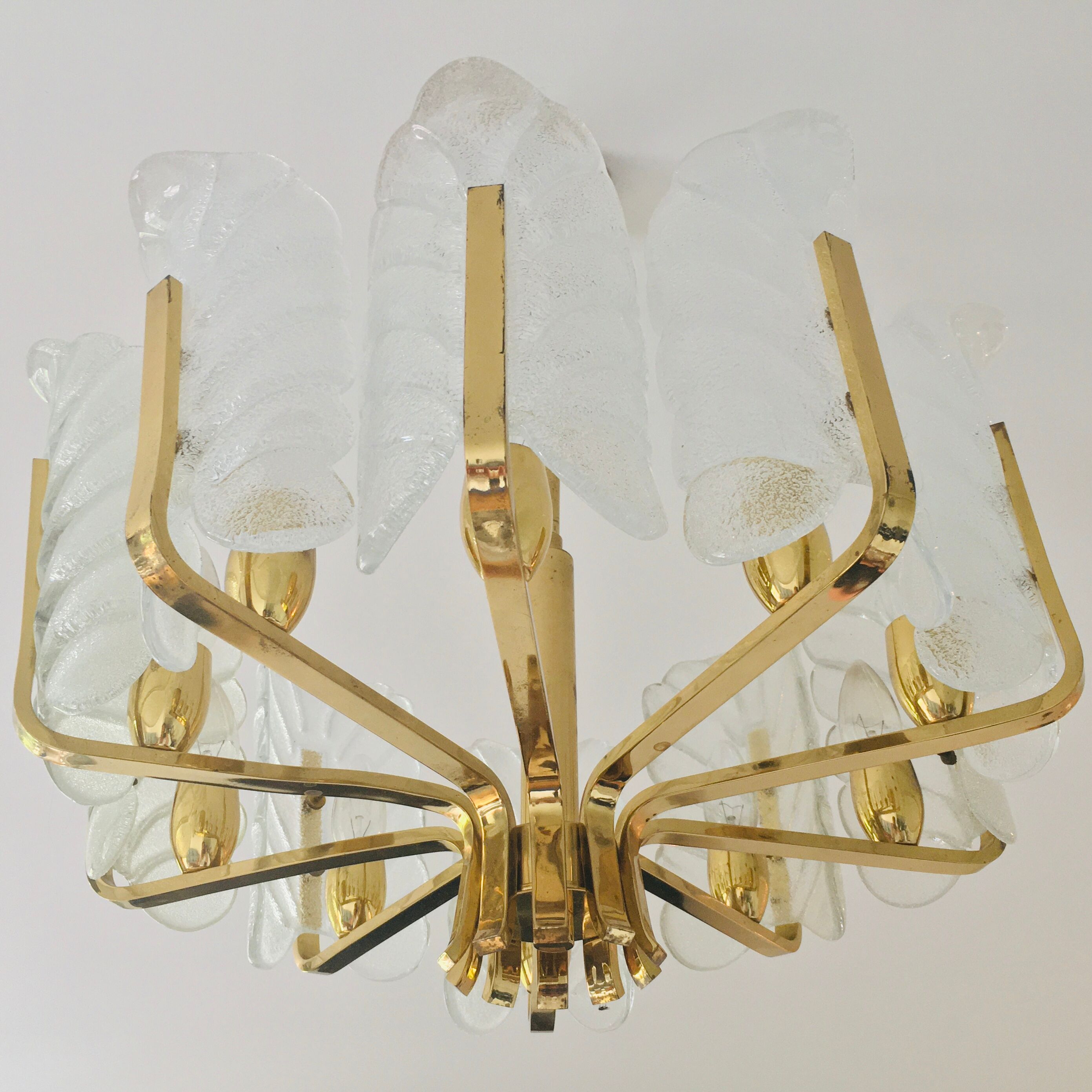 Scandinavian Brass Chandelier with 10 Glass Leaves by Carl Fagerlund for Orrefors, Sweden, 1960s
