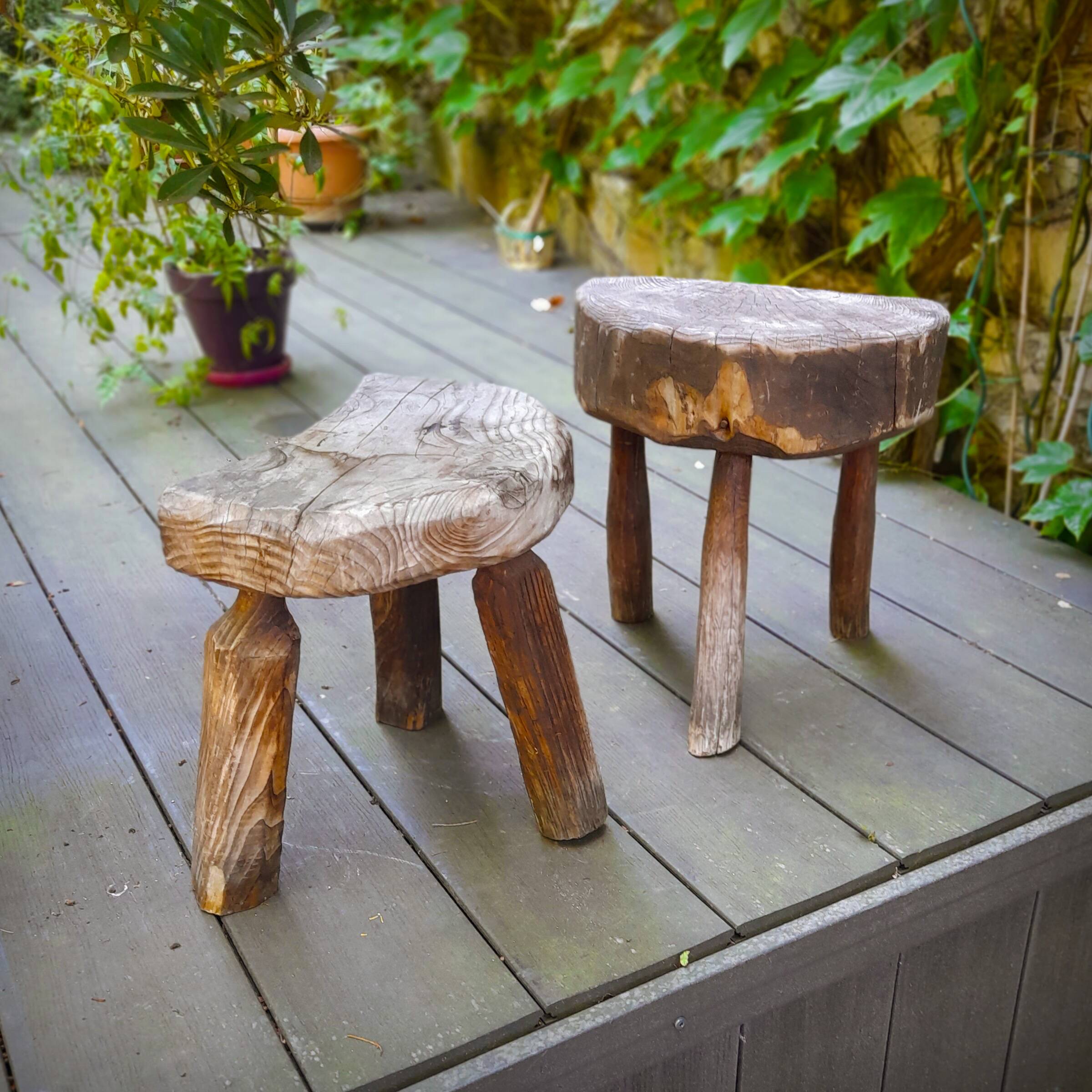 Pair of brutalist tripod stools in grayed pine. France, 1950s