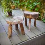 Pair of brutalist tripod stools in grayed pine. France, 1950s