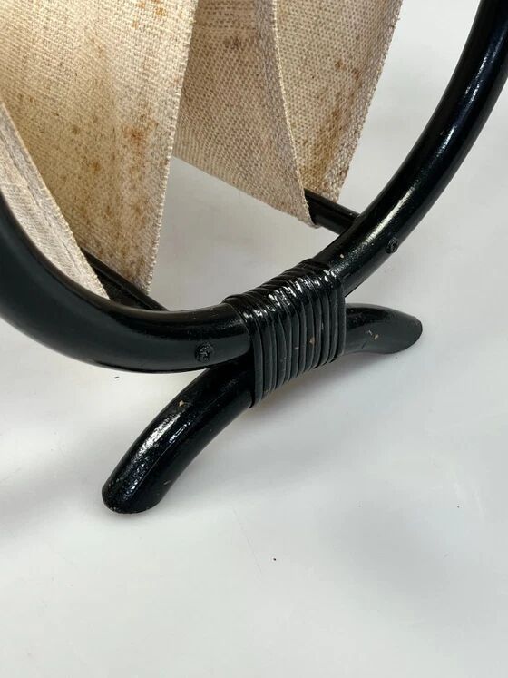 Vintage Round Magazine Rack / Reading Basket, Black Rattan, 1970's