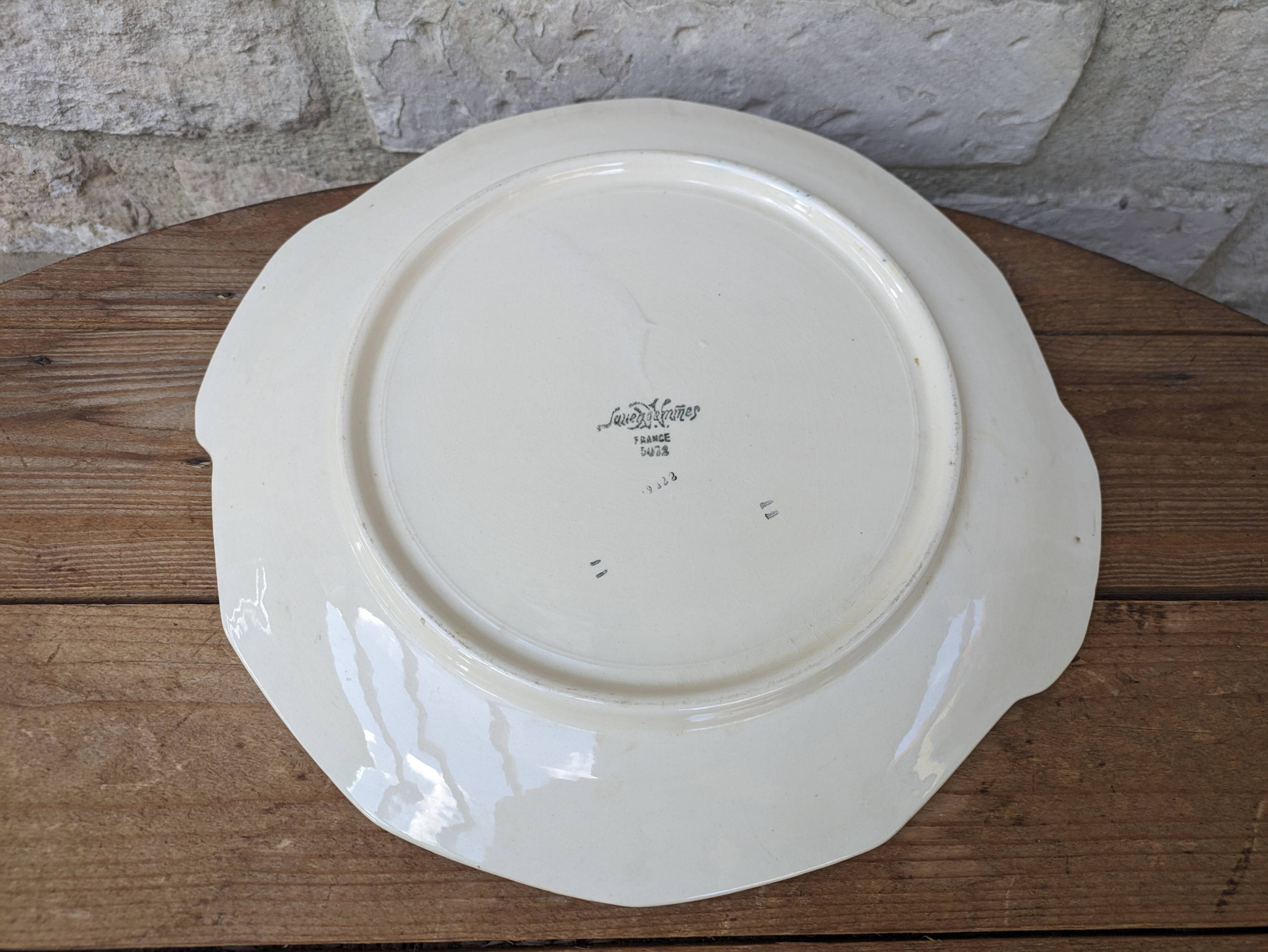 Plate with handles, ceramic serving dish with yellow border and floral decoration Sarreguemines