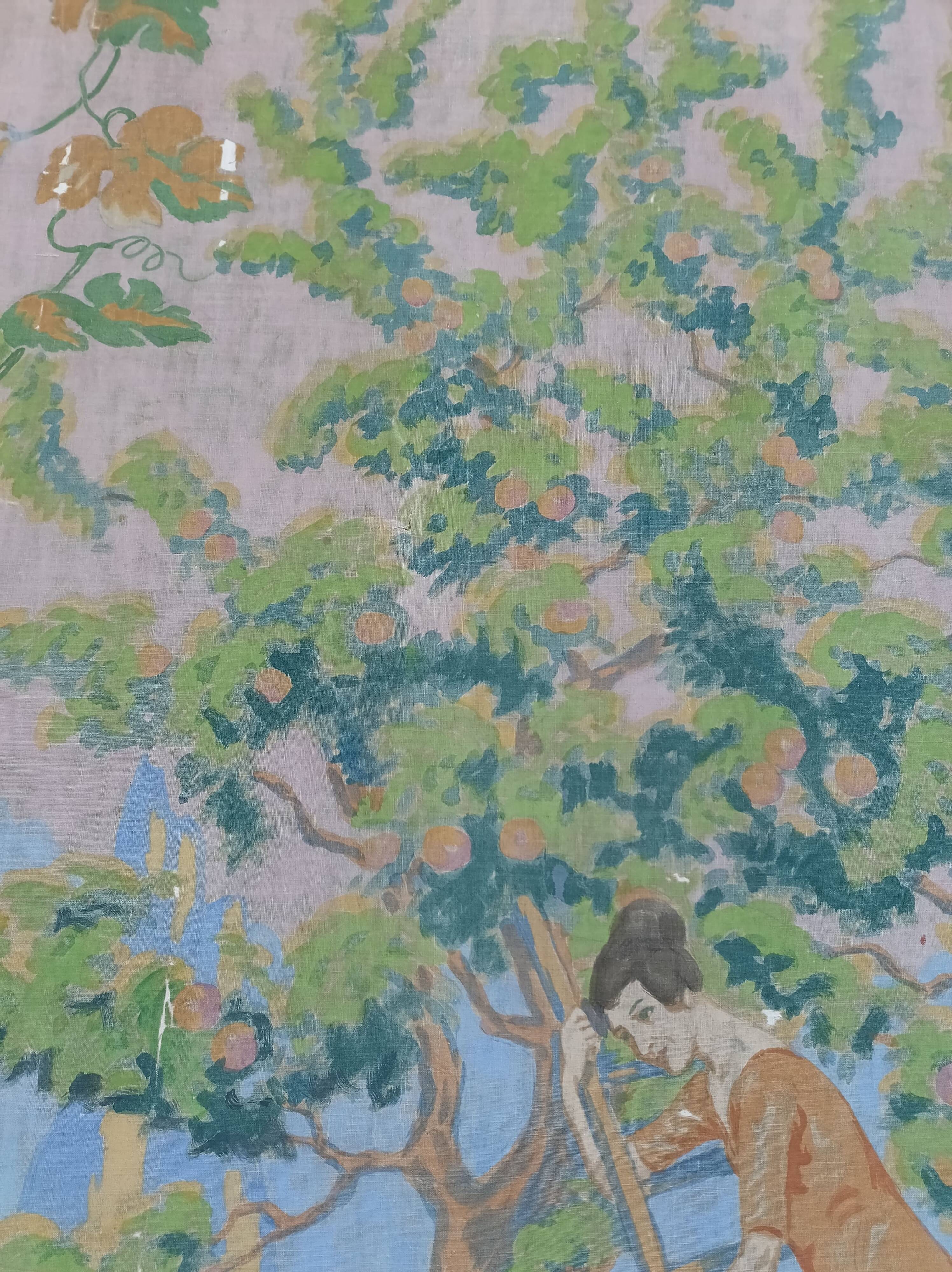 Large painting on canvas from the 20th century mounted on a frame - rural scene.