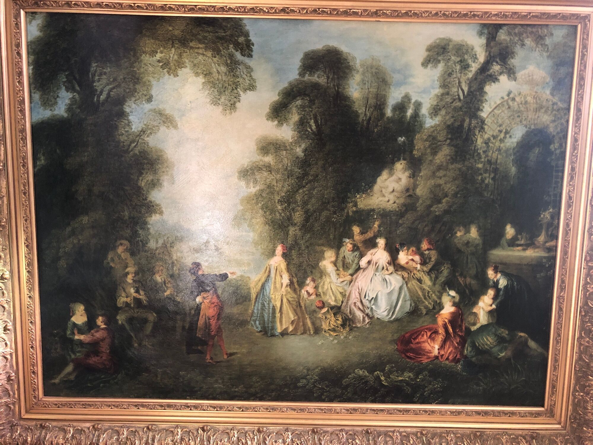 Old painting print on canvas + frame carved wood Gilded Vintage #2
