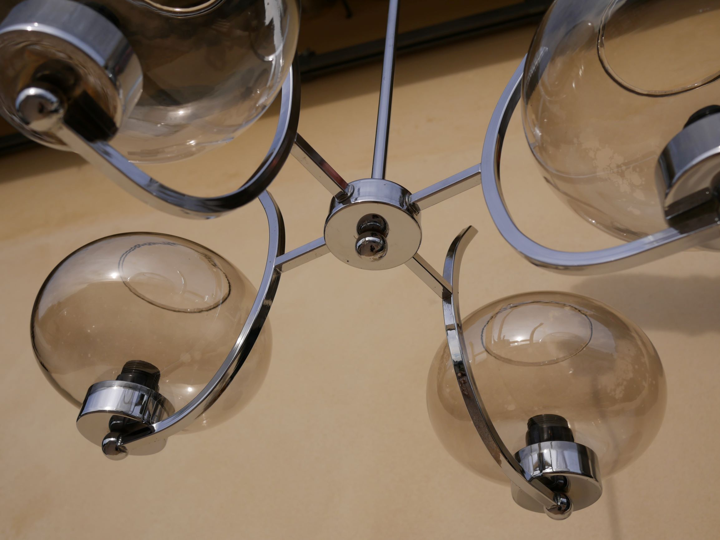 Chandelier 70s metal chrome with 4 glass globes