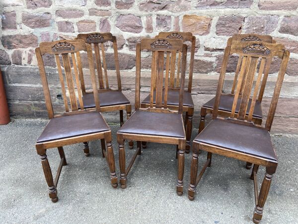 6 chaises vintage art deco 1940s chêne et cuir