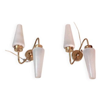 Asymmetrical brass wall lights with opaline shades, 1950s-60s.